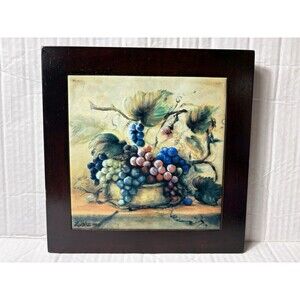 Grape Still Life Ceramic Tile Trivet Dark Wood Frame Kitchen Wall Decor